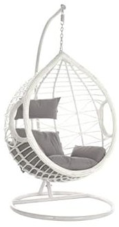 DRW Sillon Colgante de Jardin de Ratan Sintetico de 120 kgs de Peso Maximo Blanco y Cojines Grises 137X66X70,5 cm