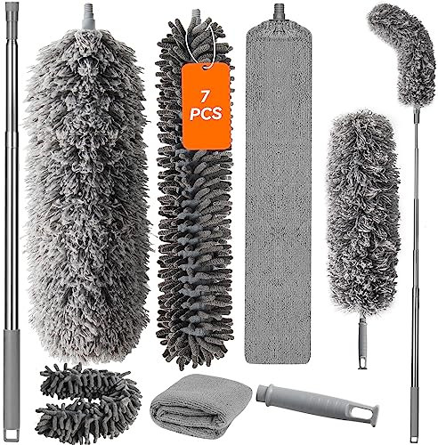 Feather Duster 7PCS Kit with Ceiling with Telescopic Pole Microfibre Duster Corner broom Max. length 25-100 Inch Duster with Telescope for High Ceilings Ceiling Fan Spider Weave