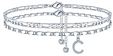 TINGN Fussketten für Frauen Silber, CZ Buchstabe C Fussketten für Damen Fußkettchen Verstellbar Doppelte Fußketten Stabil Figarokette Fußkette Frau Mädchen Tochter Freundin Kinder Geschenk