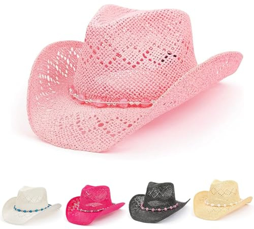 Vamuss Straw Cowboy Hat for Women with Beaded Trim and Shapeable Brim, Light Pink, One Size