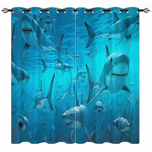 YUANZU Hai Vorhänge Ozean Weißer Hai Tiefsee Unterwasser Ösen Gardinen mit Blickdichte Thermo Kälteschutz Blackout Curtain Kinderzimmer Schlafzimmer Verdunkelung Fenster, 2 Stück, H 160 x B 132 cm
