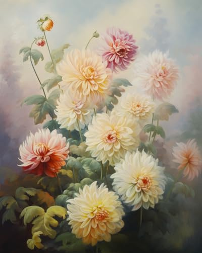 Cross Stitch Embroidery Kit, Misty Mountain Dahlias, Cross Kits for Adults, Easy Counted Cross Kits for Beginners,16x20inch