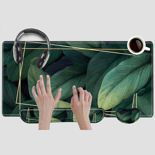 BBSujane Large Mousepad and Keyboard Wrist Rest Green Leaf Gaming Mouse Pad Wrist Support 31.5''x15.75'' Desk Mat XXL Desk Pad Non-Slip Rubber Base and Stitched Edges Computer Mat