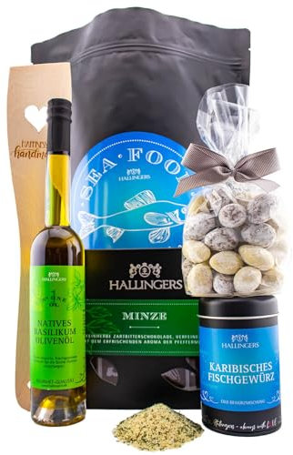 Hallingers Sea Food XXL - Grillen Wundertüte XXL Geschenkset Olivenöl, Fisch Gewürz, Pfannenwender, Nougat & Schokolade (Bag) - Geschenk im Sommer & als perfektes Grillgeschenk | Geburtstag Glückwunsc