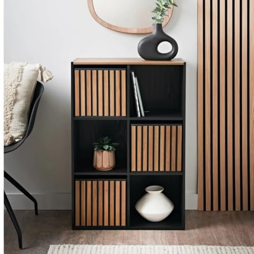 6 Cube Modern Bookcase Shelving Display Unit with Storage Boxes, Shelf Storage Cabinet Black and Wooden