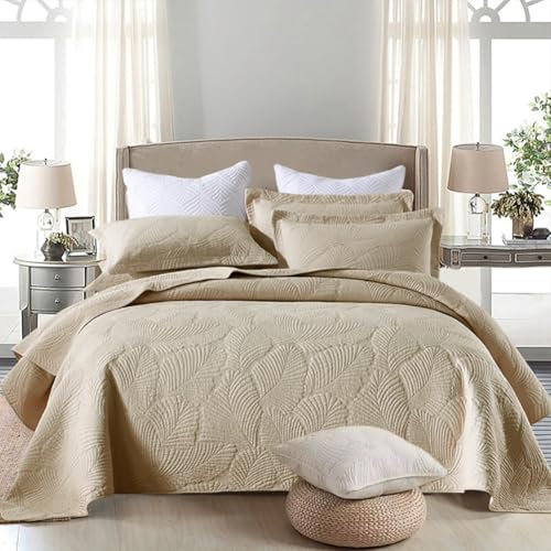 mixinni Khaki Tropical Palm Tree Queen Size Quilt Set Soft Cotton Bedspread Coverlet Bed Cover,3-Piece Quilt Set Quilted Bedding Lightweight Coverlet Set -Queen Size