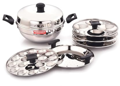 Non Stick Induction Base Multi Kadai with 3 Idli Plates (4 Cavities Each) & 1 Mini Idli Plate & 1 Steamer Plate, Idli Maker with Steamer - Stainless Steel (1500 ml)