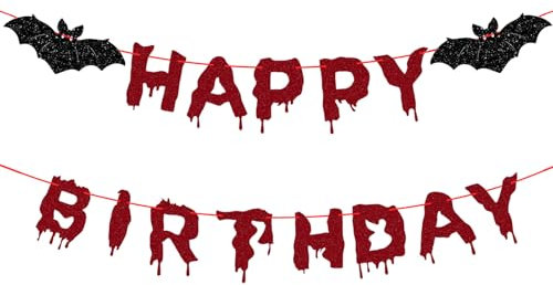 Red Glittery Happy Birthday Halloween Banner, Simple Suspension Halloween Birthday Party Supplies Horror Themed Birthday Decorations, Bat Vampire Halloween Party Scary Horror Party Decorations