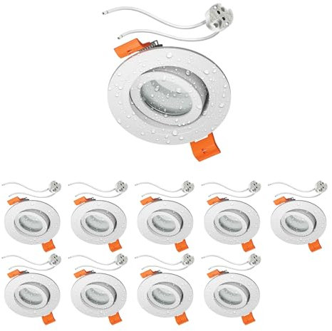 ledscom.de 10 Stück Bad-Deckeneinbaurahmen ERID, Feuchtraum, Badezimmer, IP44, rund, schwenkbar, weiß matt inkl. GU5.3 Fassung