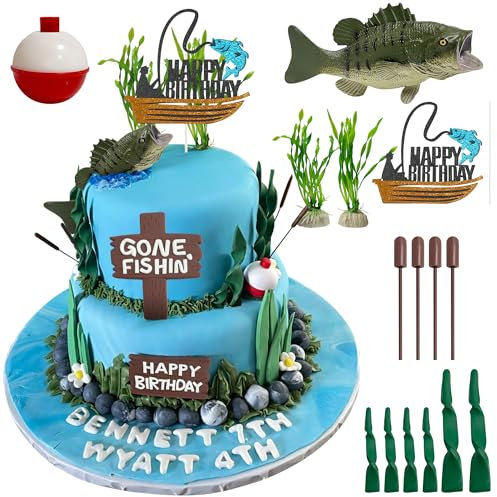 Gone Fishing Happy Birthday Cake Topper, 17Pcs Fisherman Themed Decoration for Retirement Party Supplies