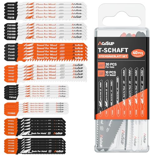 AojSup Stichsägeblatt Set 40tlg mit Aufbewahrungskoffer, Professional Sägeblätter Stichsäge Sägeblatt Stichsäge, T-Schaft Stichsägeblätter aus CRV/HSS zum Schneiden von Holz, Kunststoff und Metall