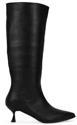 BOSANOVA Stivali alti da donna aderenti con taglio largo, finitura punta e suola piatta con tacco sottile kitten da 4,5 cm. Chiusura con mezza cerniera interna. Scarpe da donna, Nero , 36 EU