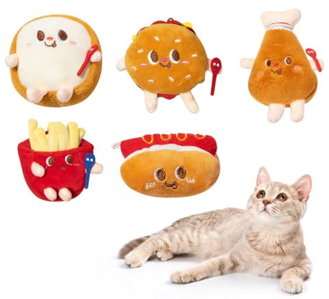 MiOYOOW Kauspielzeug für Katzen aus Plüsch, 5 Stück Katzenspielzeug mit Katzenminze, PP-Baumwolle, Katzen Kickerspielzeug, Inklusive Hamburger/Pommes/Brot/Hotdog/Hähnchenschenkel für Katzen