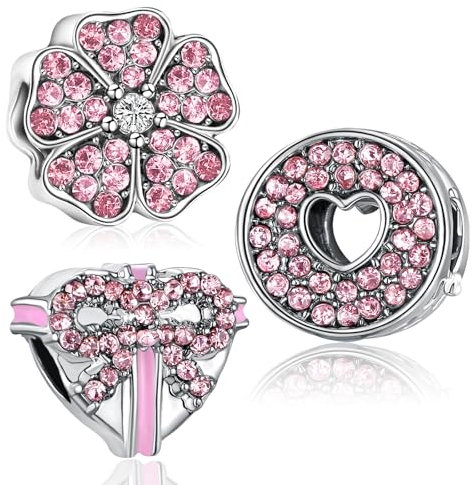 MaNeaz 3 Stücks Rosa Armband Anhänger Charm Armband Pandora Armbänder Charms Armband Anhänger Valentinstag Passende Geschenke Für Mädchen Für Pandora-Armbänder Geburtstagsgeschenke