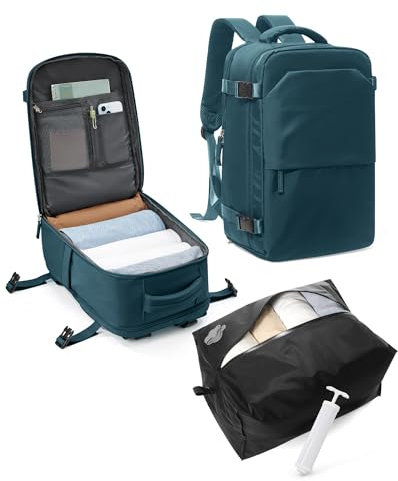 kibachev Sac à Dos sous Vide Sac a Dos Voyage Cabine Avion Ryanair 40x20x25 avec Sac de Compression sous Vide & Pompe Manuelle, Sac a Dos Valise 40x30x20, Sac à Dos Ordi Portable Imperméable Bleu