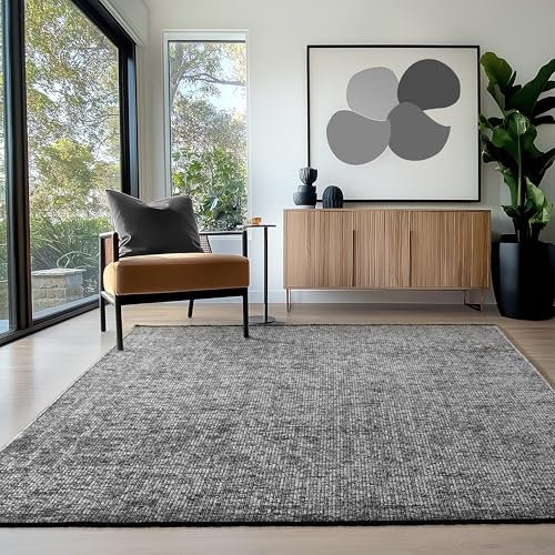 HomebyHome Baumwolle Chenille Teppich Grau 120x170 cm Waschbar, Boho-Stil, Vintage Kelim, Kurzflor, rutschfest & Weich, Einfarbig Meliert, Für Wohnzimmer, Schlafzimmer, Büro & Küche