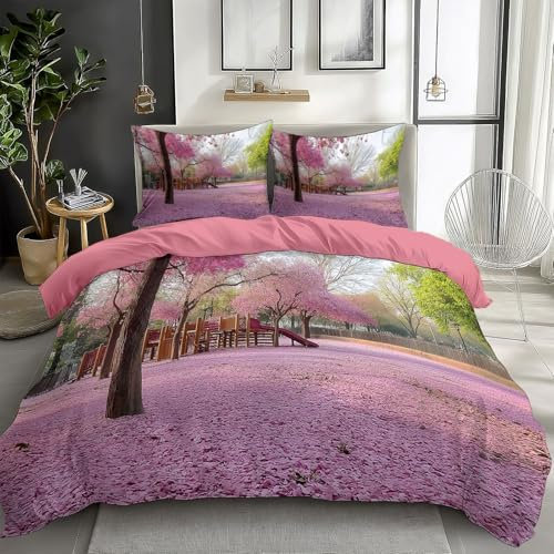Antique Rose Bedding Duvet Cover Sets King 230x220 cm Scenic Cherry Blossom 3D Printed Microfiber Quilt Cover Set for Kids Teens, Bedroom Decor 3 Pcs Bedding Set with 2 Pillowcases