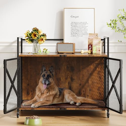 Cage pour chien, meuble en métal et bois, maison pour chien, 2 portes, espace de rangement généreux sur le dessus, niche moderne pour chiens de petite, moyenne et grande taille, 52 x 79 x 73 cm