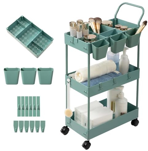 danpinera Storage Cart on Wheels, 3 Tier Slim Laundry with Wheels Bathroom Organizer with Hanging Cups Hooks Dividers Handle Mobile Rolling Art Cart for Bathroom Kitchen Narrow Places, Green