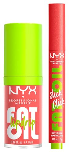 NYX Professional Makeup Fat Oil Lip Drip Gloss Lippen Chillin' Like A Villain 4,8ml + Fat Oil Slick Click Lippenbalsam 03 No Filter Needed Colored Moisturizing Gloss Effect Long Hold - 2er Set