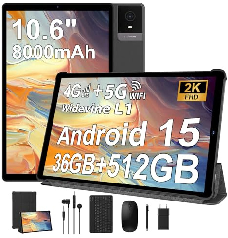 RUSHAR Tablet 10.6 Pollici con Tastiera, Android 15 Tablet con 36GB RAM+512GB ROM(TF 1TB), 4G LTE+5G WiFi, IPS 2K HD, 8000mAh, Octa-Core, 13MP+8MP, BT 5.0, GPS, Tablets in offerta e Mouse, Nero