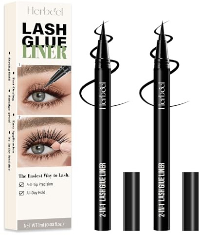2-in-1 Eyelash Glue Liner Pen, Strong Hold Waterproof Eyeliner Glue for False Lashes, Long Lasting & Quick Dry Lash Glue Liner, Latex Free, Herbeel