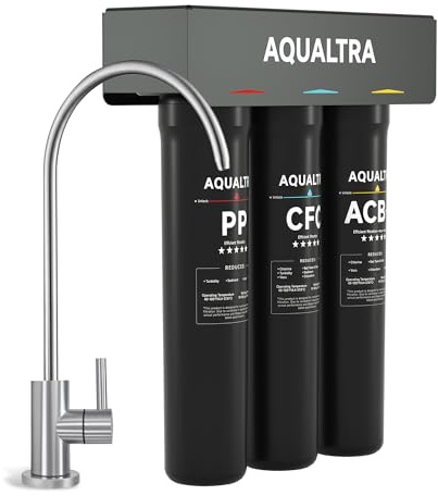 AQUALTRA USF-3F-15 Sistema sottolavabo leggermente alcalino con rubinetto, 30000–151000L, riduce PFOA, PFOS, cloro, piombo, mercurio, cloramina, fluoro, microplastiche, cattivo gusto e odore