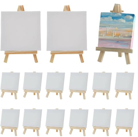 12 Piezas Mini Lienzos con Caballete, Trípode Plegable, para Pintura, Dibujo, Decoración de Mesa y Manualidades, Lienzos 10 x 10 CM, Cabalete de Madera 15 x 8 CM