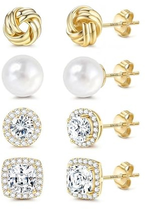 Morfetto 4 Paar Ohrstecker Silber 925 Damen Hypoallergene Ohrringe - Knoten Perlenohrringe Runde Quadratische Zirkonia Ohrstecker 14K Vergoldet Ohrringe Set Schmuck Geschenk für Frauen