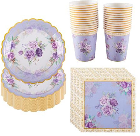CEILIWEN 100PCS Elegant Purple Vintage Floral Paper Plates, Cups & Napkins Set | 25 Guests Tea Party Tableware for Afternoon Tea, Wedding, Engagement, Garden Party & Baby Shower Decorations