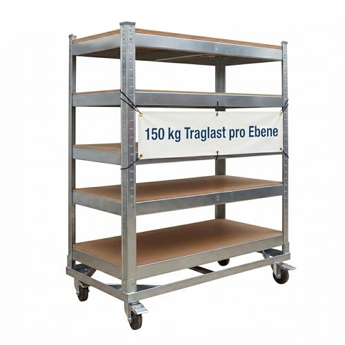 Relaxdays Etagenwagen, 5 Ebenen, Rollen & Bremse, Bis 750 kg, Silber | HBT: 110x90x45 cm, mobiler Werkstattwagen, Stahl