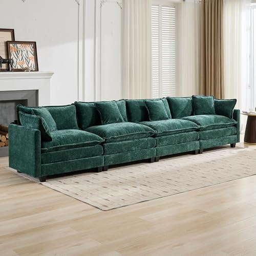 Cloud Sofa 4 Seats (Ottoman is not included), Modern Sectional Couch, for Living Room Bedroom and Apartment, Comfy Double Layer Upholstered Seat Cushion, Breathable Chenille Fabric,Green,DE5014GN