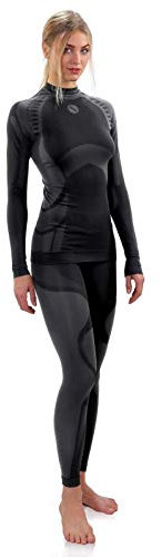 sesto senso Damen Funktionsunterwäsche Set Langarm Shirt Lange Unterhose Sportunterwäsche Thermoaktiv M Grau Schwarz Set