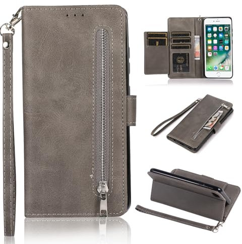 EYZUTAK Wallet Case for iPhone 6 Plus/6S Plus, 5 Card Slots Magnetic Closure Zipper Pocket PU Leather Flip Case with Wrist Strap TPU Kickstand - Gray