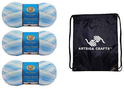 Lion Brand Knitting Yarn Ice Cream Big Scoop Blueberry 3-Skein Factory Pack (Same Dye Lot) 922-203 Bundle with 1 Artsiga Crafts Project Bag