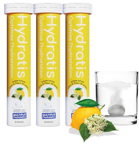 HYDRATIS - Pastilles Effervescentes Citron + Fleur de Sureau - Optimise l'Hydratation - Riche en Minéraux - Faible en Sucre - Goûts Légers - Sport, Crampes, Récupération - 60 Pastilles