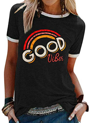 Dresswel Damen Good Vibes T-Shirt Regenbogen Muster Shirt Rundhals Kurzarm/Langarmshirt Oberteile Hemd Tops Bluse(1-Black,XL)