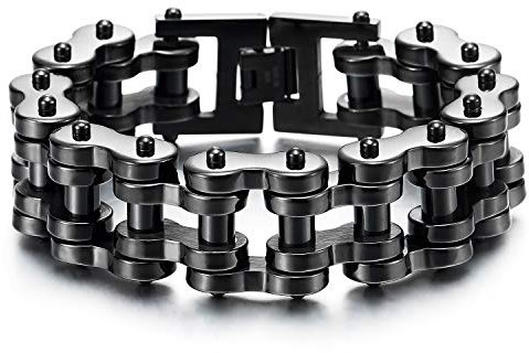 COOLSTEELANDBEYOND Schwarz Schwere Robust Herren-Armband Motorrad Fahrradkette Motorradkette aus Edelstahl Hochglanz Poliert