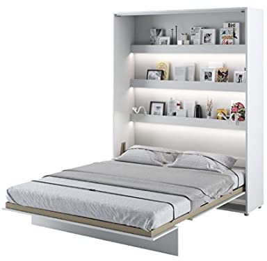 Wandklappbett by LENART, Klappbett, Vertikal Bed Concept, Schrankbett in Ihr Schlafzimmer, 180 x 200 cm, Weiß satiniert, Soft-Close-System, Bettgurte, Sicherheitsgarantie, Innenregale