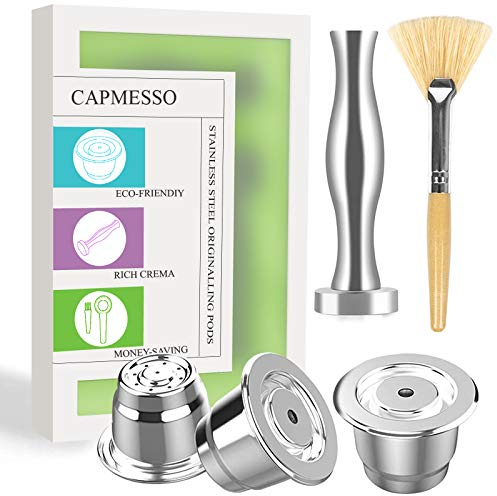 Capmesso Capsules réutilisables en acier inoxydable Compatible avec les machines Nespresso OriginalLine (version crémeuse mise à niveau - lot de 3 doses)