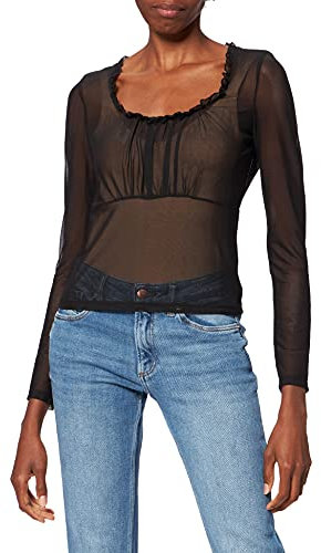 NA-KD Top de Malla con Detalle de Volantes Camisa, Negro, XL para Mujer