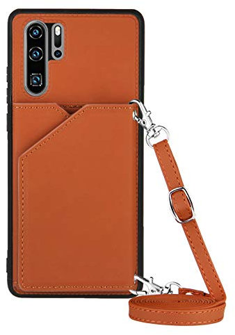 PekaTech Handykette für Huawei P30 Pro, PU-Leder Hülle- Handyhülle mit Band zum Umhängen - Klapptasche Handytasche Case mit Handy-Kette, Kartenfach und Portmonee, Braun