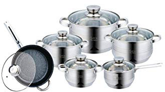 Royal Swiss® 18-Piece Stainless Steel 5-Layer Cookware Set, Frying Pan, Saucepan and Stock Pot with Glass Lid, Saucepans Suitable for All Heat Sources Including Induction (ARGENT, 12)