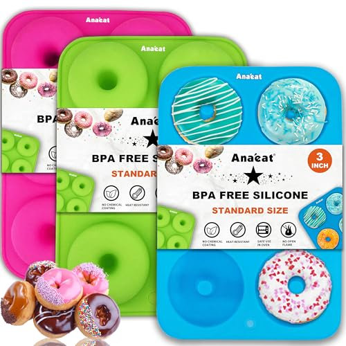 Anaeat 3er-Pack Silikon-Donut-Pfanne, einfach herausspringen! Antihaftbeschichtete Donut-Backformen für Donuts, Muffins, Kuchen, Kekse, Bagels – ofen- und spülmaschinenfest (Mehrfarbig)