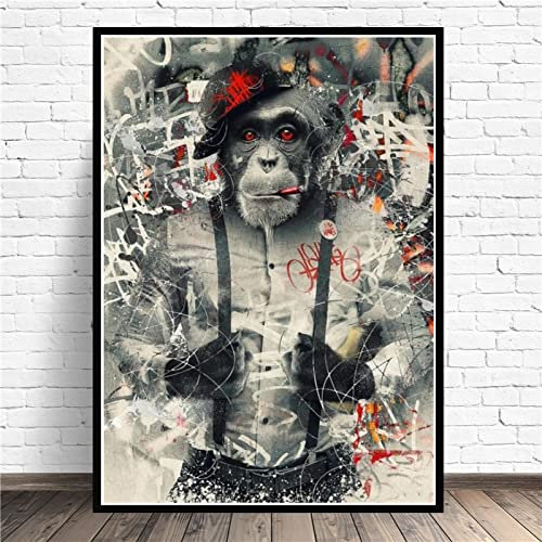 SXKJ Drôle Singe Fumer En Costume Toile Art Affiches et Gravures Graffiti Art Animal Toile Peinture Mur Photos pour Chambre Décor 80x120cm Sans Cadre