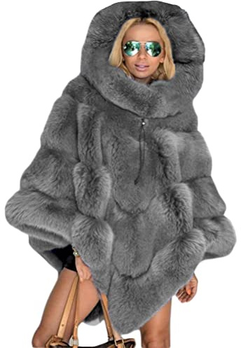 ORANDESIGNE Felpe Donna con Cappuccio Invernali in Pile Caldo Poncho e Mantelle Maglione Collo Alto Elegante Curvy Cappotto Pelliccia Cardigan Outwear Jacket Grigio Taglia Unica