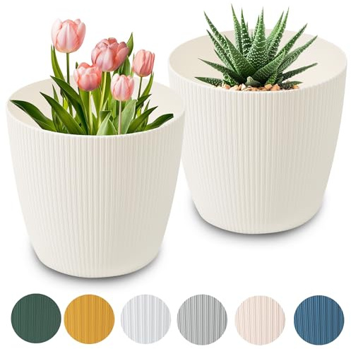 PECZEKO Blumentopf matt, Pflanzkübel aus Übertopf Kunststoff Deko Topf für, groß und klein Set Pflanzen 2X blumenkübel Set, blumenkübel kräutertopf (2 Pack) Creme, ø 16 cm