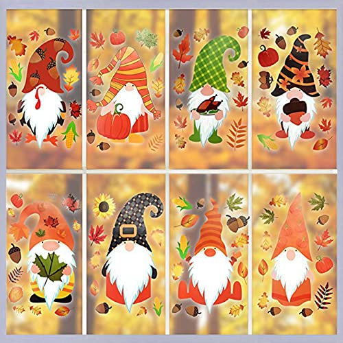 8 Stück Erntedankfest Fensteraufkleber Herbst Fensterbilder Selbstklebend Ahorn Blätter Zwerge Fenstersticker, Thanksgiving Deko Fenster Aufkleber Sticker Fensterdeko Herbstdeko