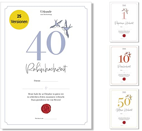Frank Paperman® | Geschenke zum 40 Hochzeitstag | Ehejubiläum | Rubinhochzeit | Urkunde Hochzeitstag | klassisch | Geschenkideen Hochzeitstag | Vordruck im DIN-A4-Format