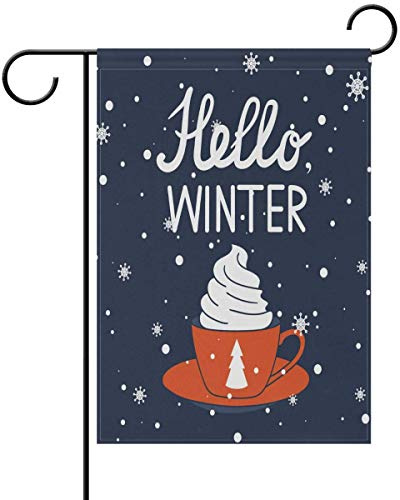 Gartenflagge Hello Winter Schneefall Outdoor Banner lebendige Farben Dekoration Flaggen Lustige Outdoor Flagge für Festival Paraden Schlafsaal 70 cm x 102 cm
